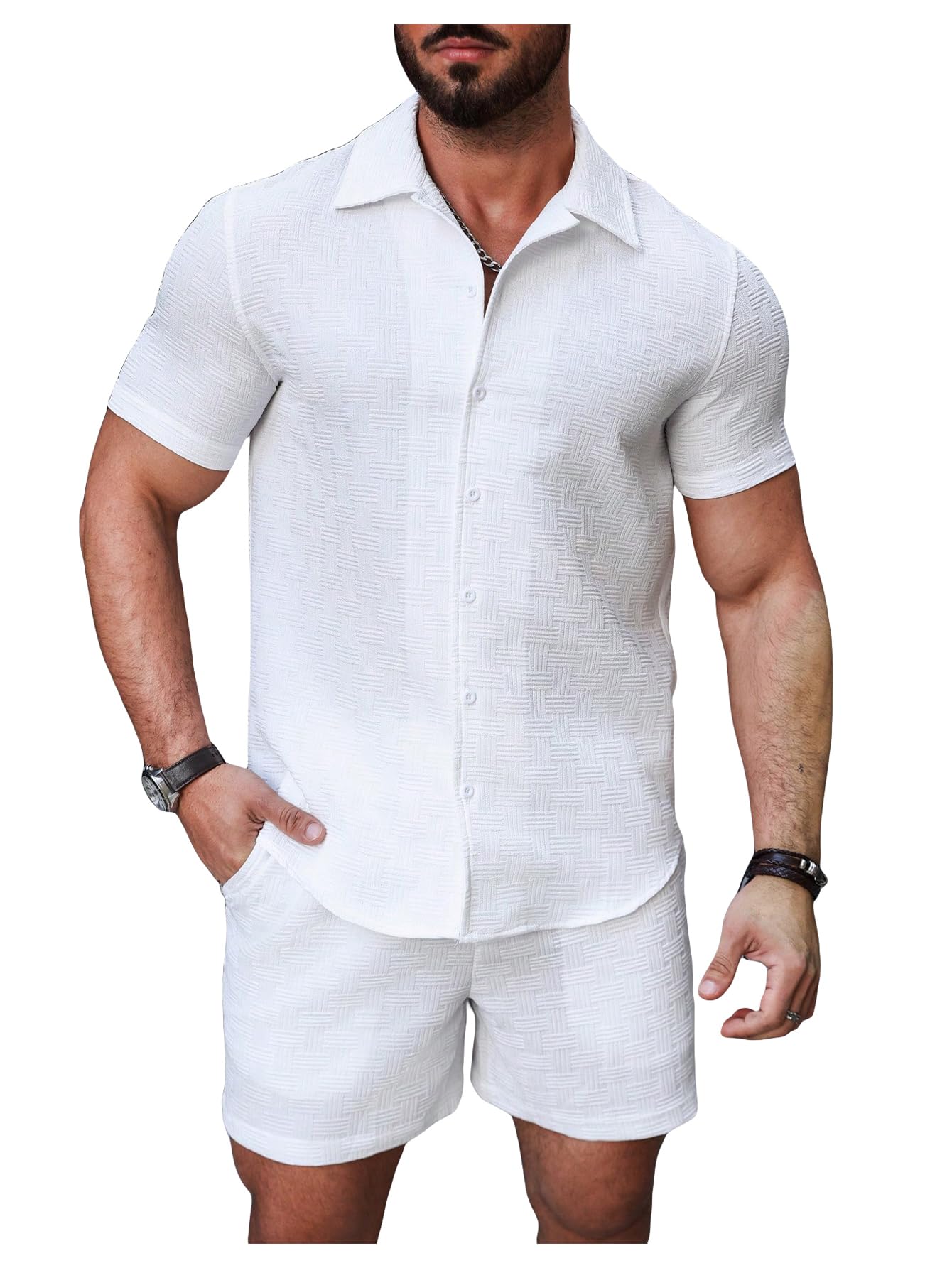 GORGLITTER Men's Vacation Summer Cruise Outfits 2 Piece Linen Shorts Sets | Beach All White Outfits, Short Sleeve Button Up Shirt, Matching Sets Clothing, Old Money Clothes