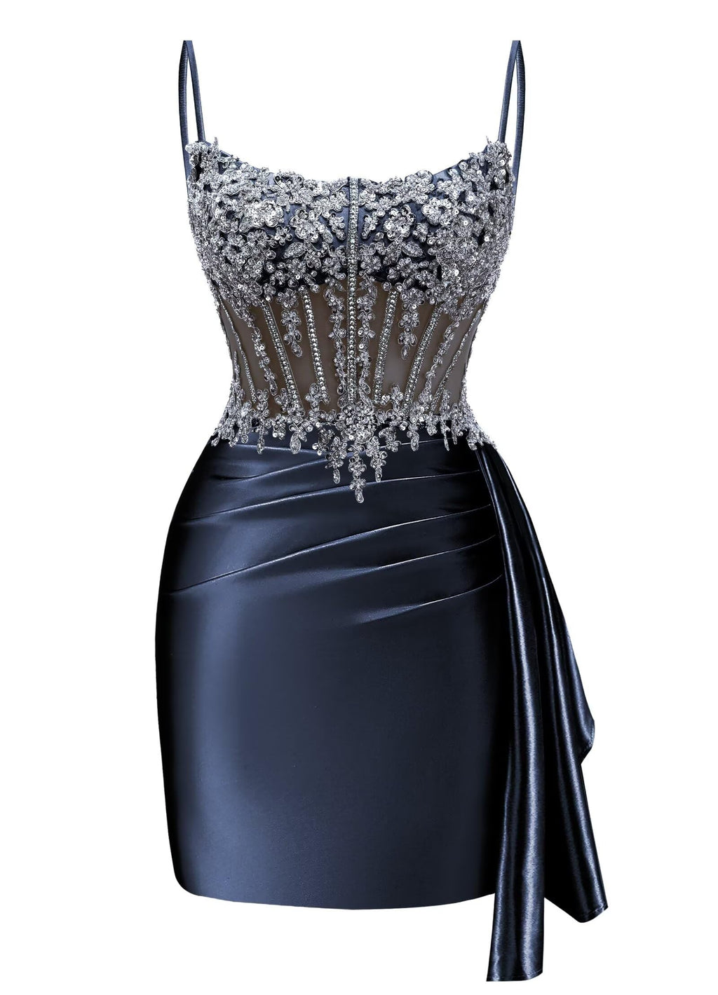 Satin Mermaid Homecoming Dresses 2026 Square Neck Beaded Short Prom Dress | Spaghetti Strap,Ruched,Tight,Bodycon,Sparkle,Sequin,Mini,Hoco Dresses,Club Dresses,Party Dresses