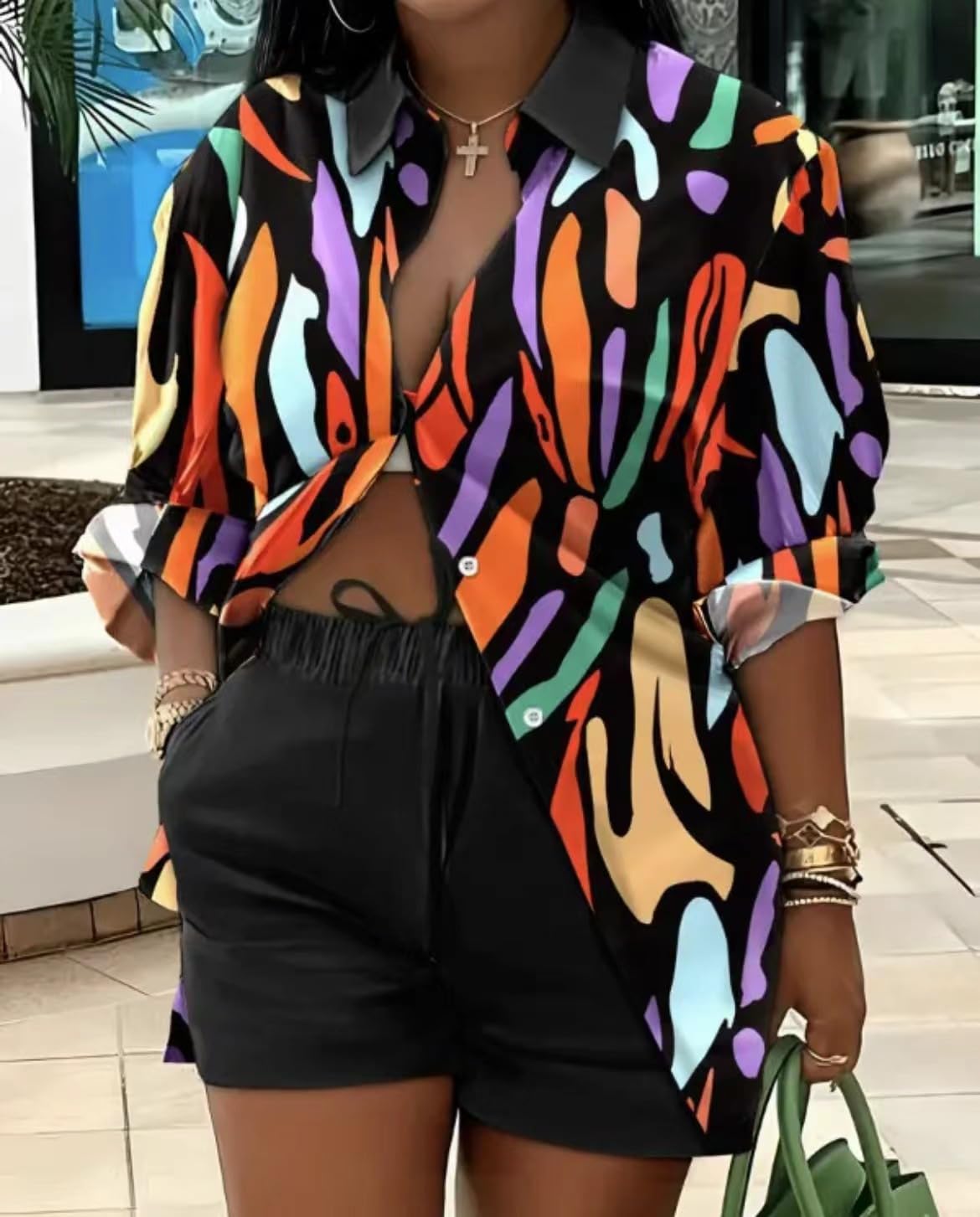 Mandonce 2 Piece Outfits for Women Long Sleeve Printed Shirt and Elastic Lace-Up Shorts with Pockets Beach Vacation Clothes