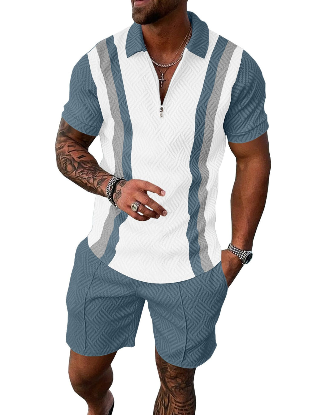 Mens Summer Track Suits 2 Piece Shorts Sets Short Sleeve Sweatsuit Outfits 1/4 Zip Golf Polo Splicing Striped Shirts