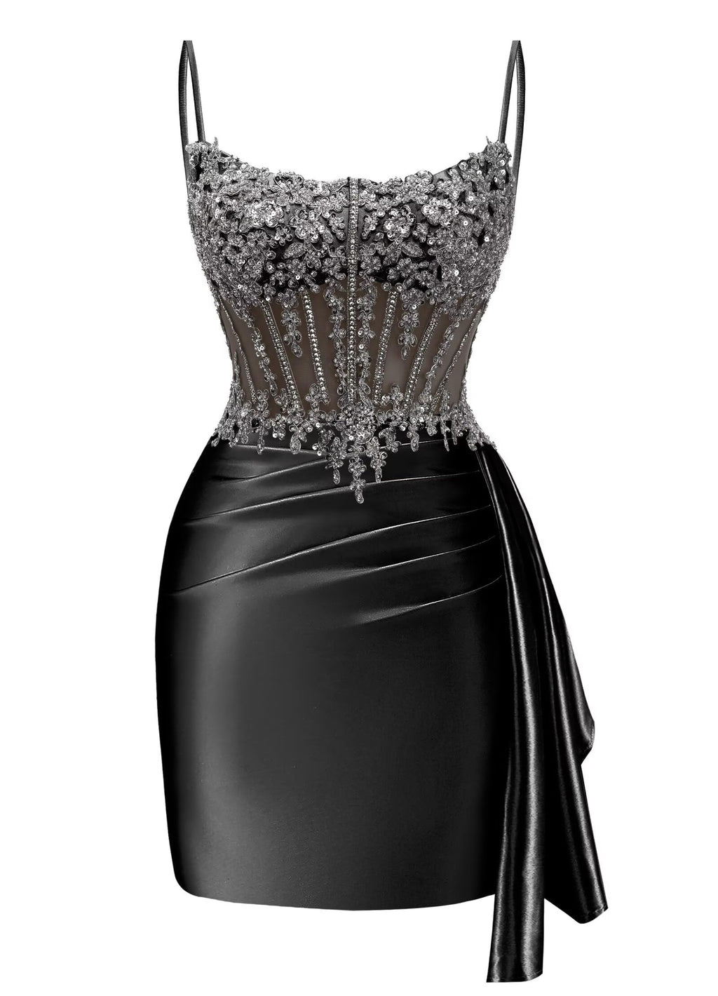 Satin Mermaid Homecoming Dresses 2026 Square Neck Beaded Short Prom Dress | Spaghetti Strap,Ruched,Tight,Bodycon,Sparkle,Sequin,Mini,Hoco Dresses,Club Dresses,Party Dresses