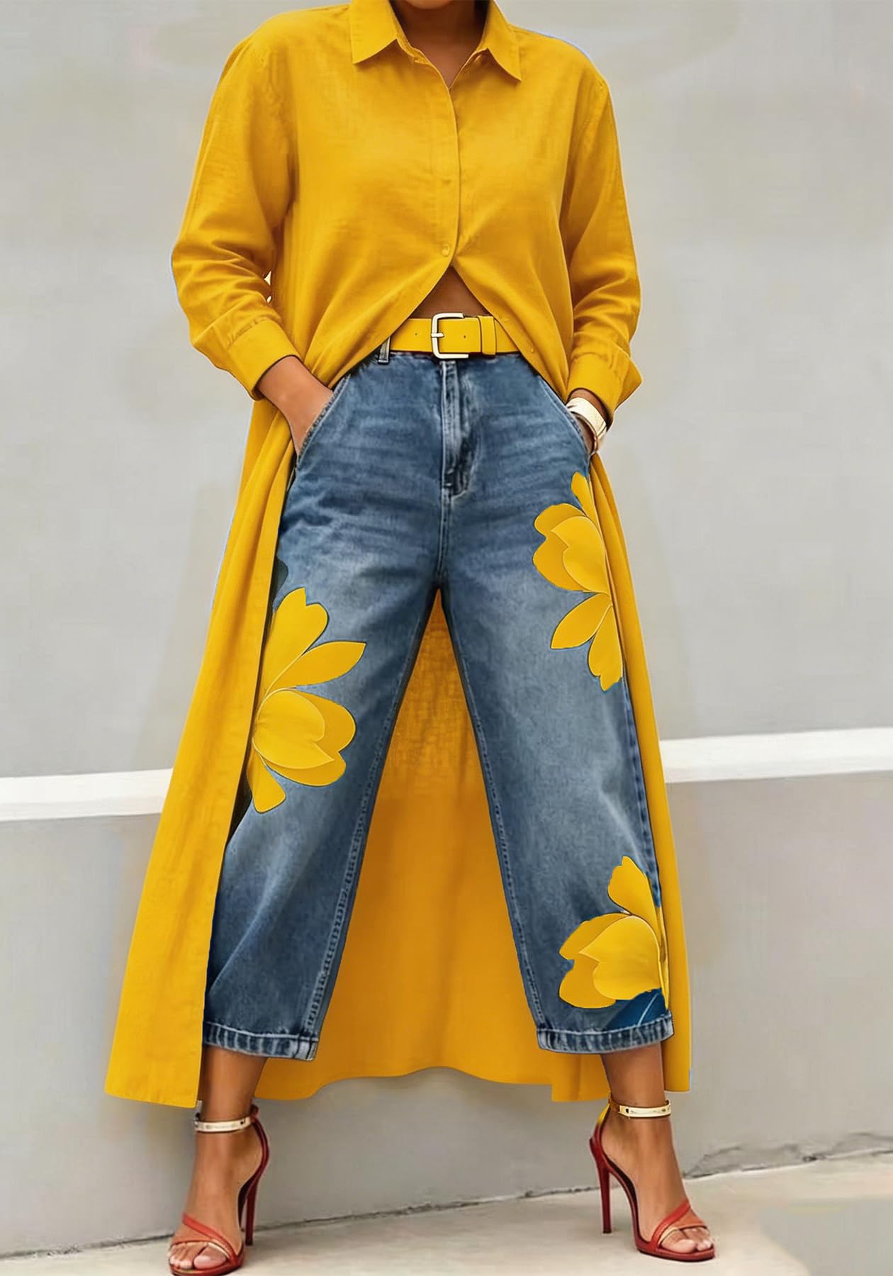 Unybwonn Women Barrel Capri Jeans Floral Wide Leg Cropped Cargo Denim Pants | High Waist,Flower Print,Distressed