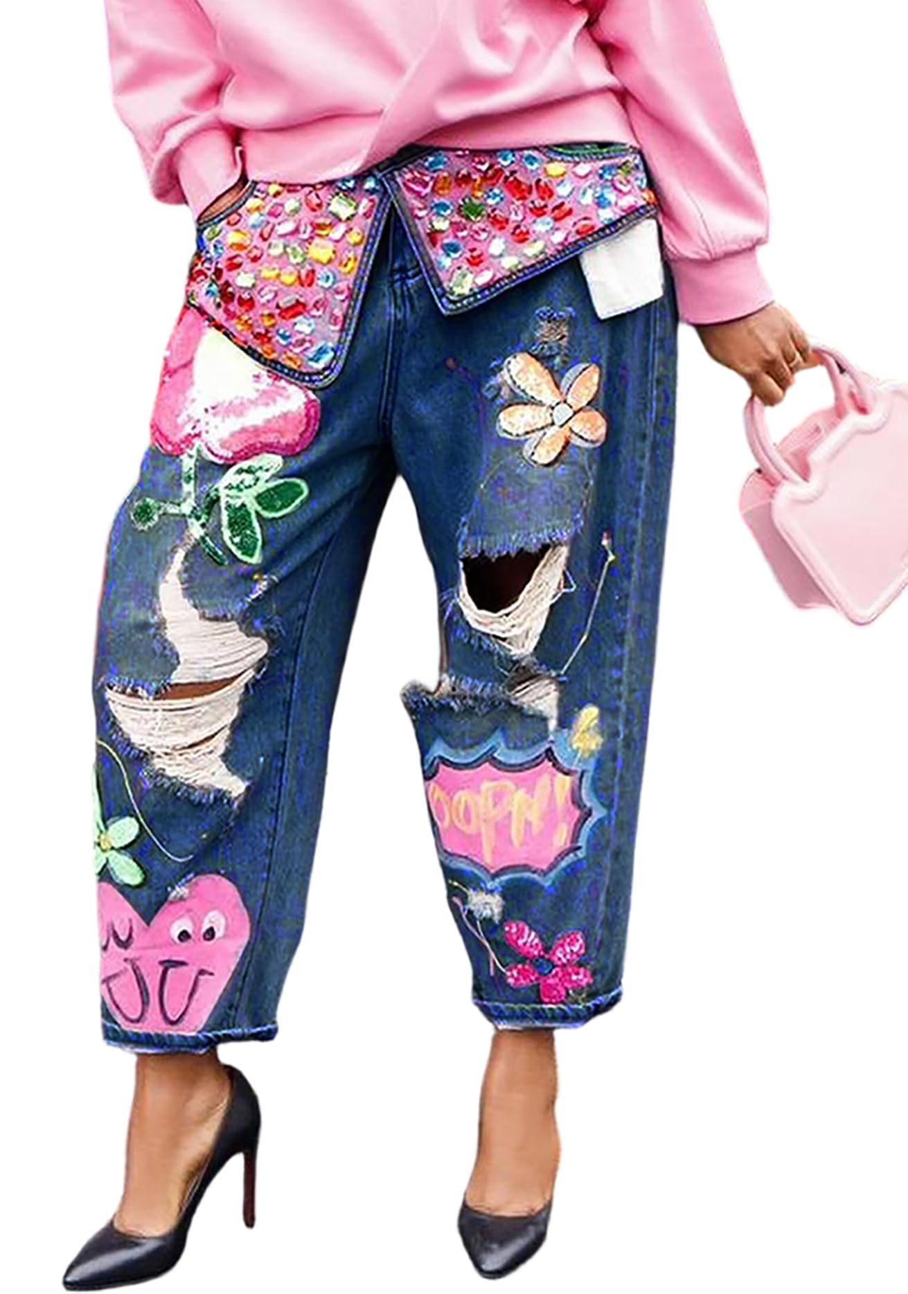 Women's Barrel Jeans Wide Leg High Waist Rhinestone Floral Horseshoe Ripped Baggy Cropped Jeans Denim Pants