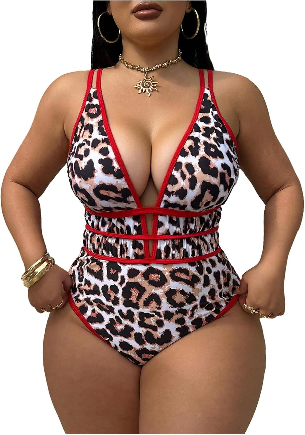 SHENHE Women's Plus Size One Piece Swimsuit Tummy Control Leopard Print Plunge Bathing Suits