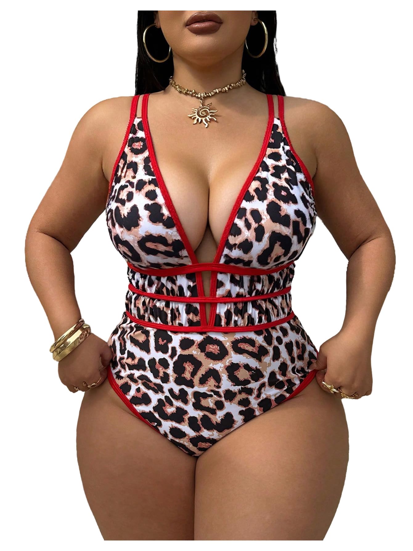 SHENHE Women's Plus Size One Piece Swimsuit Tummy Control Leopard Print Plunge Bathing Suits