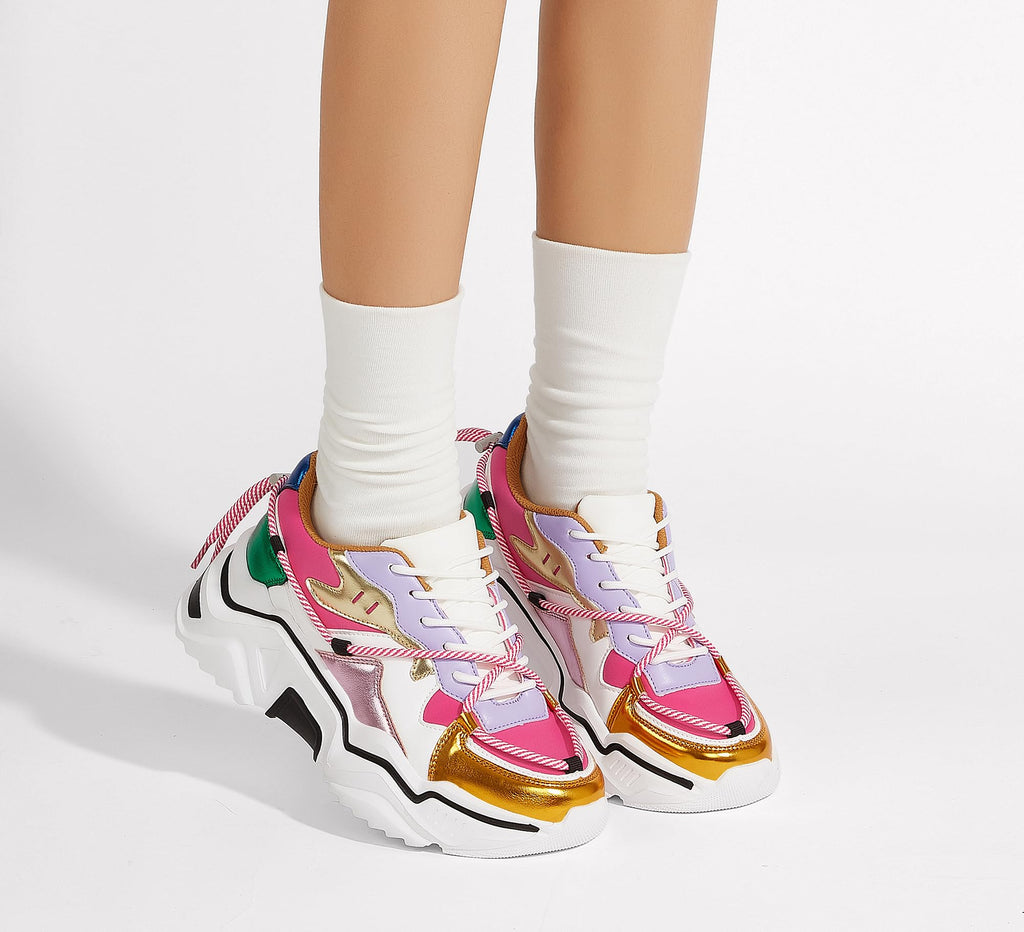 LUCKY STEP Women's Platform Fashion Chunky Dad Sneakers | Colorful | Retro Colorblock | Stylish Cute | Lace-Up Walking Shoes | Anti-Slip