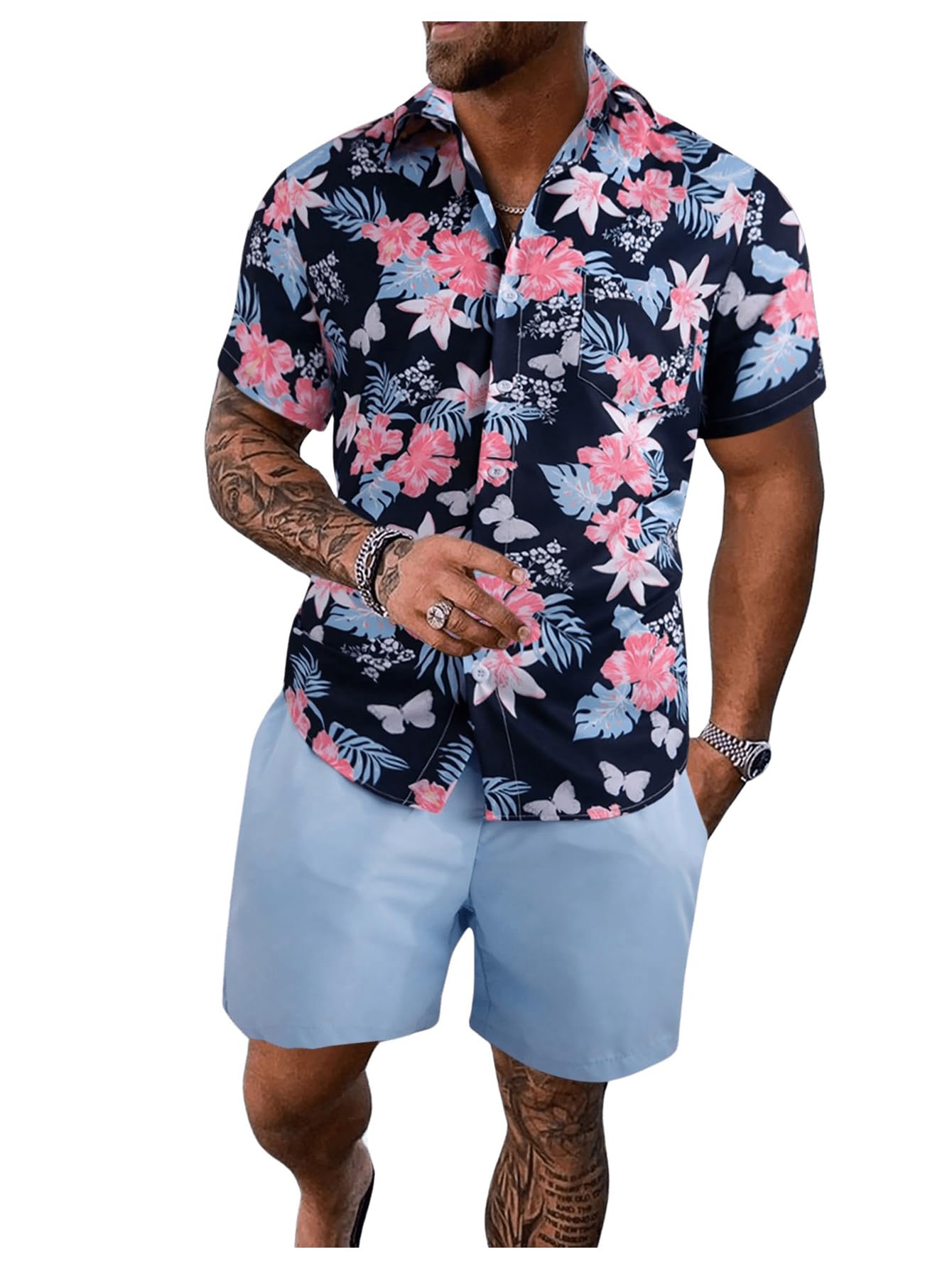 GORGLITTER Men's Cruise Rave Vacation Matching Outfits 2 Piece Short Sets | Mens Summer Beach Outfits, 2 Piece Shorts Set, Couples Travel Outfits, Hawaiian Shirts