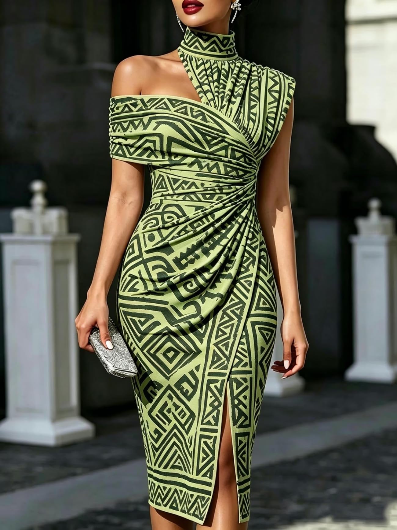 Women's One Shoulder Bodycon Midi Dress Geometric Pattern Print High Neck Slit Ruched Reunion and Vacation Casual Wear Dress