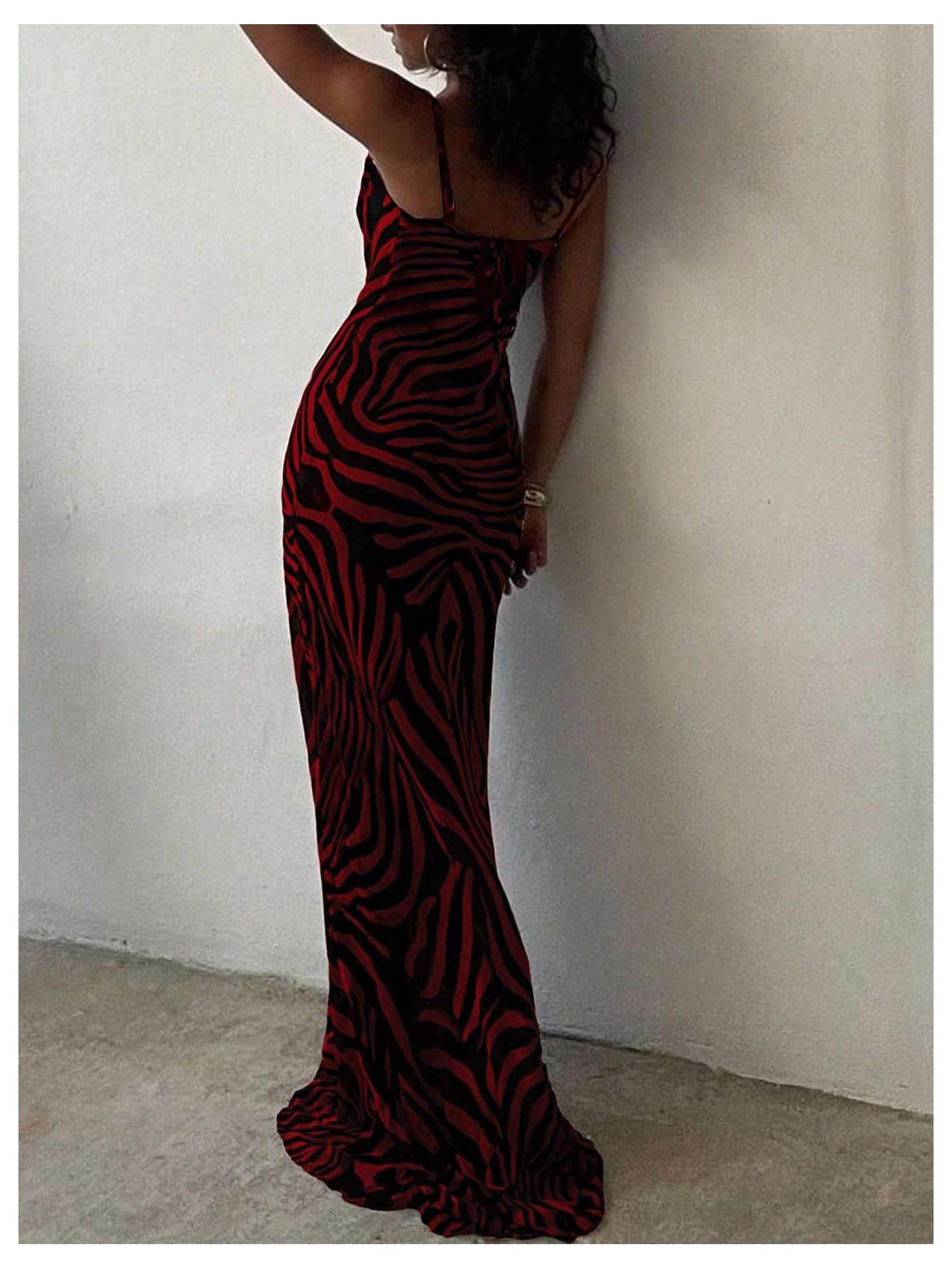 OYOANGLE Women's Zebra Spaghetti Strap Maxi Dresses Cowl Neck Bodycon Dress | Zebra Print, Spaghetti Strap, Maxi Dresses, Sleeveless, Cowl Neck, Formal Bodycon Dress