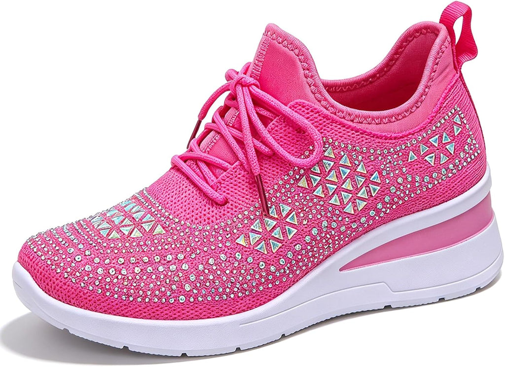 Glitter Rhinestone Wedge Sneakers with Lace-Up for Women Fashion Shiny Sequin Comfort Orthopedic Breathable Mesh Round Toe Soft Sole Tennis Walking Shoes
