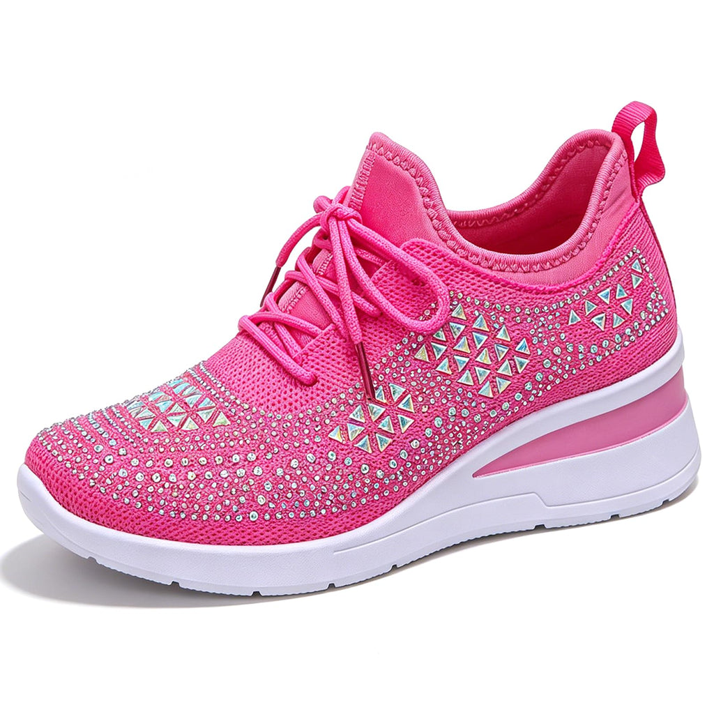 Glitter Rhinestone Wedge Sneakers with Lace-Up for Women Fashion Shiny Sequin Comfort Orthopedic Breathable Mesh Round Toe Soft Sole Tennis Walking Shoes