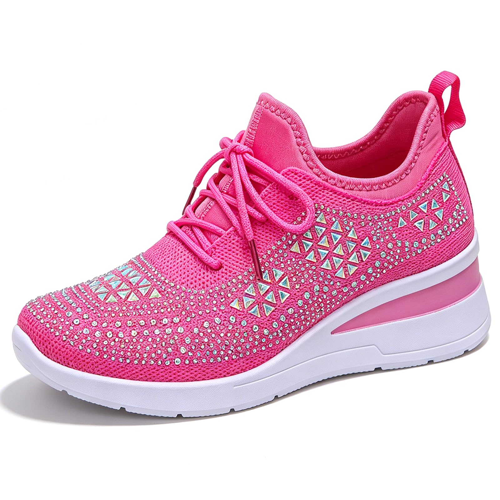 Glitter Rhinestone Wedge Sneakers with Lace-Up for Women Fashion Shiny Sequin Comfort Orthopedic Breathable Mesh Round Toe Soft Sole Tennis Walking Shoes