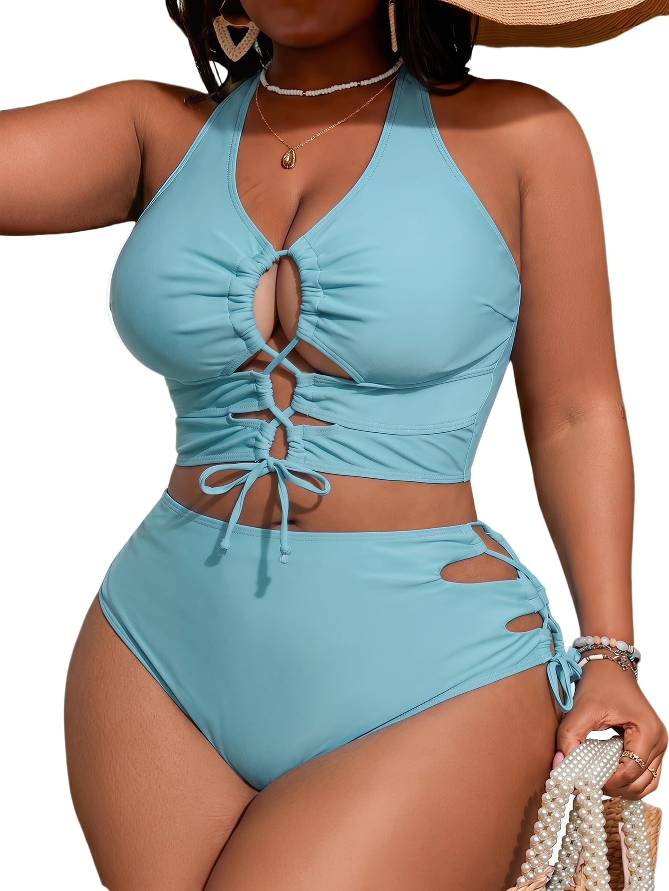 SOLY HUX Womens Plus Size Two Piece Bathing Suit Bikini Swimsuit | Tummy Control, High Waisted Bikini Sets, Adjustable Tie String, Sexy