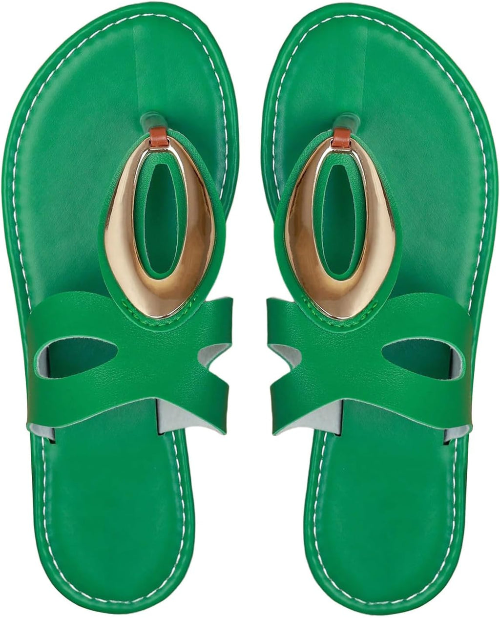 OYOANGLE Women's Metal Open Toe Leather Thong Dressy Sandals Flip Flops | PU Leather Lining, Beach Outings Tropical Vacation Summer Daily Occasions