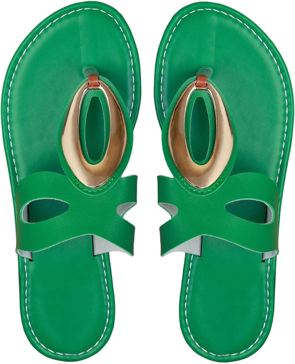 OYOANGLE Women's Metal Open Toe Leather Thong Dressy Sandals Flip Flops | PU Leather Lining, Beach Outings Tropical Vacation Summer Daily Occasions