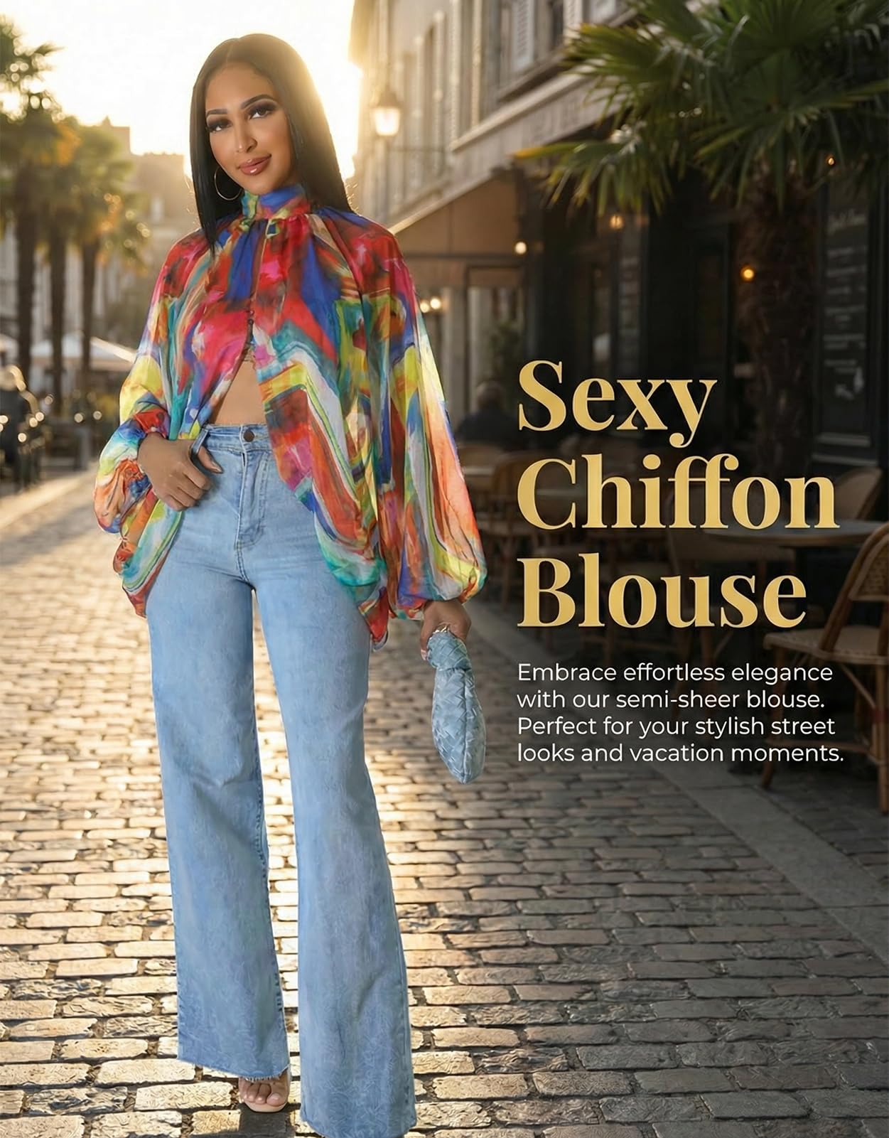 acelyn Women's Sexy See Through Chiffon Sheer Blouses Tops | Lantern Sleeve, Front Back Open, High Neck, Self Tie, Shawl Casual Shirts,Blouses Tops