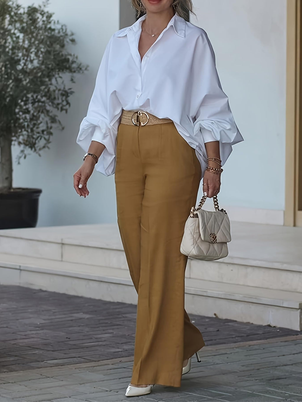 UOOZEE Women's Long Lantern Sleeve Button Down Shirt Cotton Loose Fit Lapel Collar Blouse Dressy Casual Office Work Tops