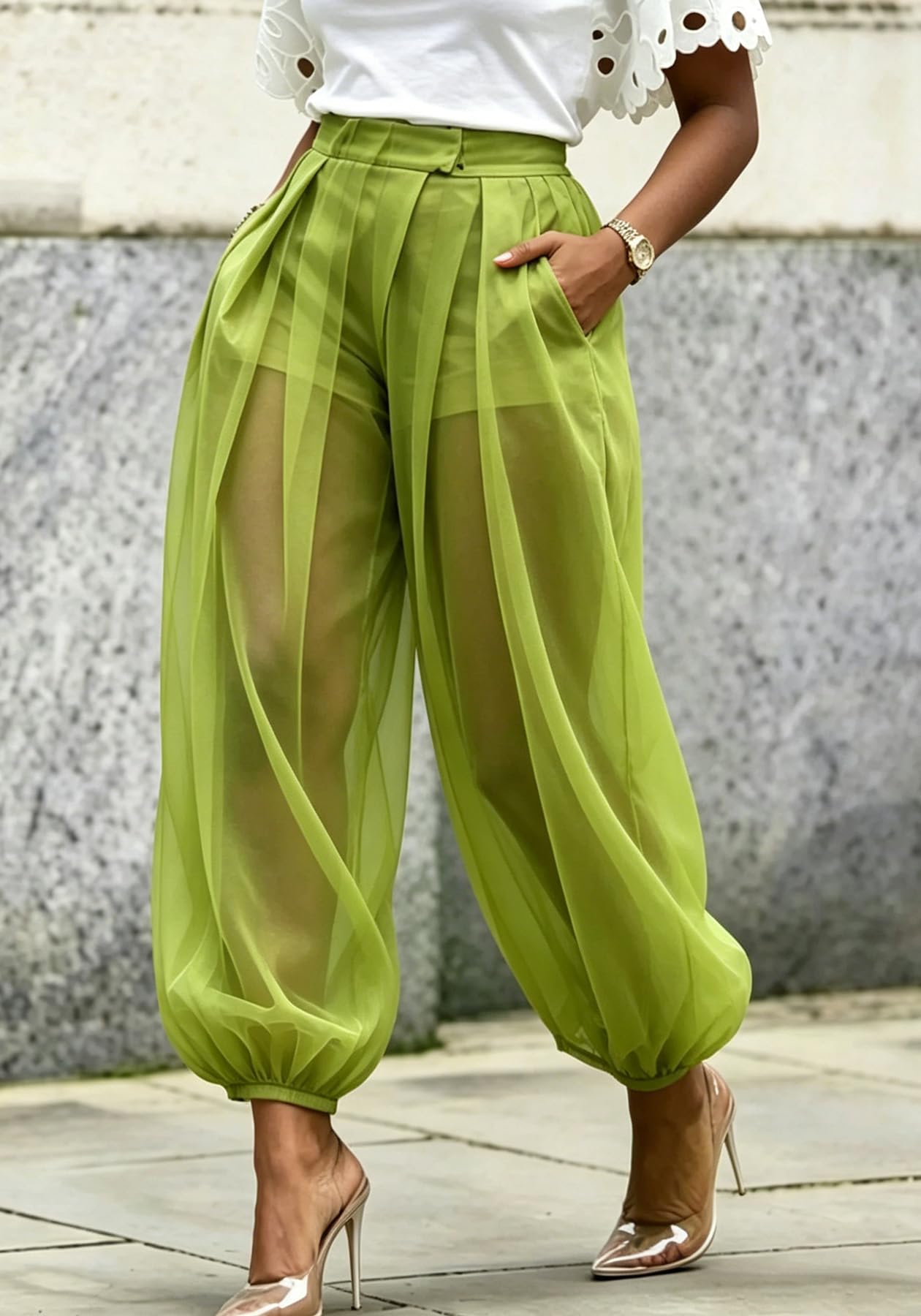 Molisry Women Sheer Mesh Pants Bubble Tulle Patchwork Pants Balloon Trouser | Loose Fit Cover Up Trousers,Built In Shorts Lining
