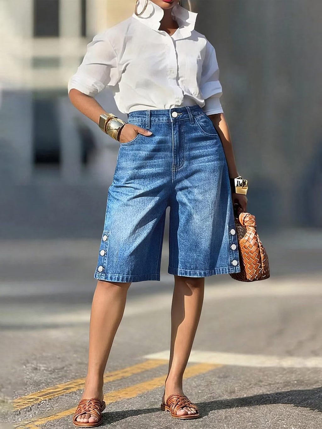 Flamingals Bermuda High Waist Stretchy Pockets Shorts for Women | Button Decor, Casual Styling, Bermuda Shorts for Women, High Waist, Denim Fabric, Stretch Comfort