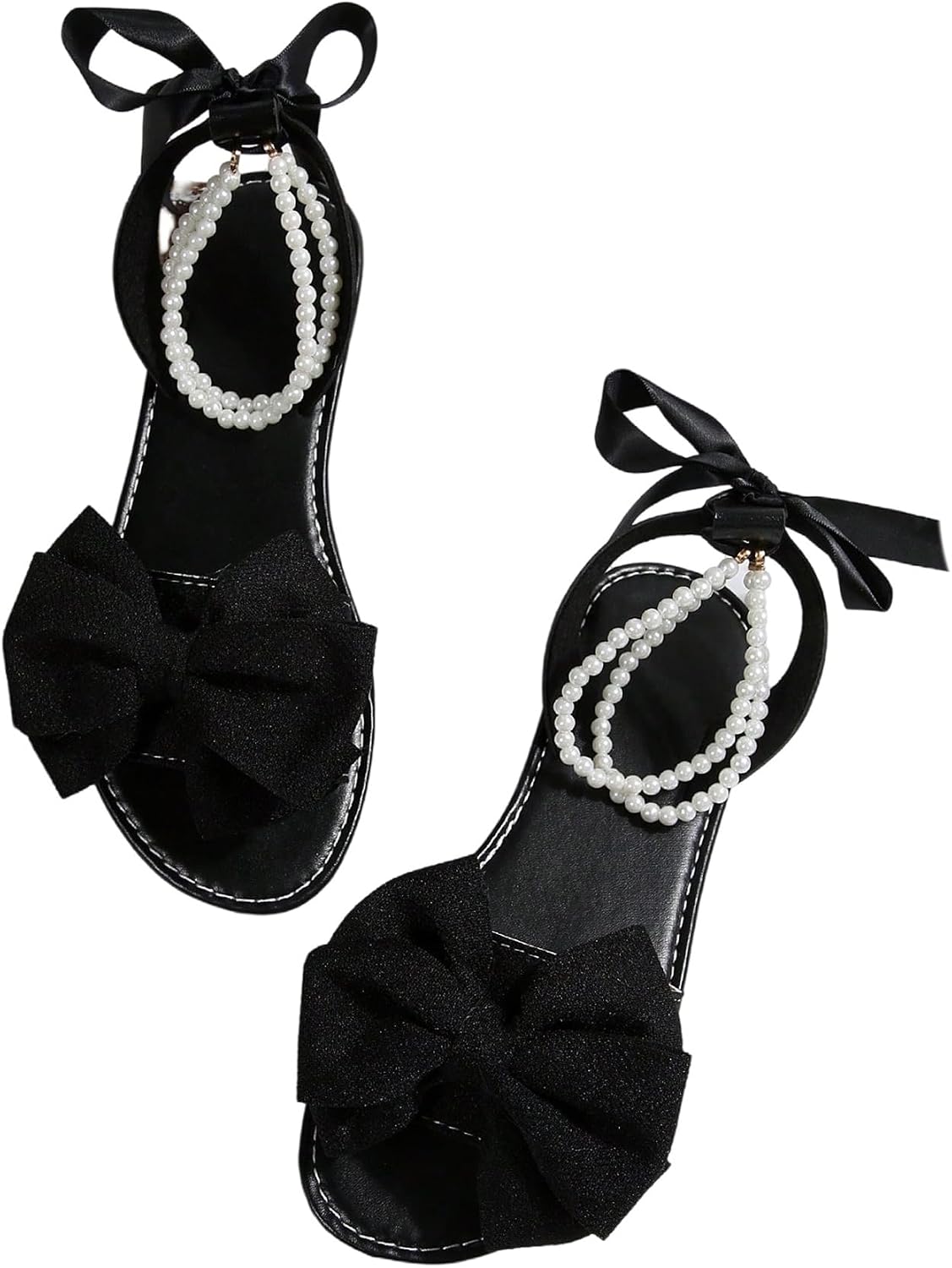 GORGLITTER Women's Bow Pearl Open Toe Ankle Strap Sandals Slippers Shoes | Sandals with Bow,Sandals Women Comfortable, Dressy Sandals Women, Y2k Dress Sandals for Women