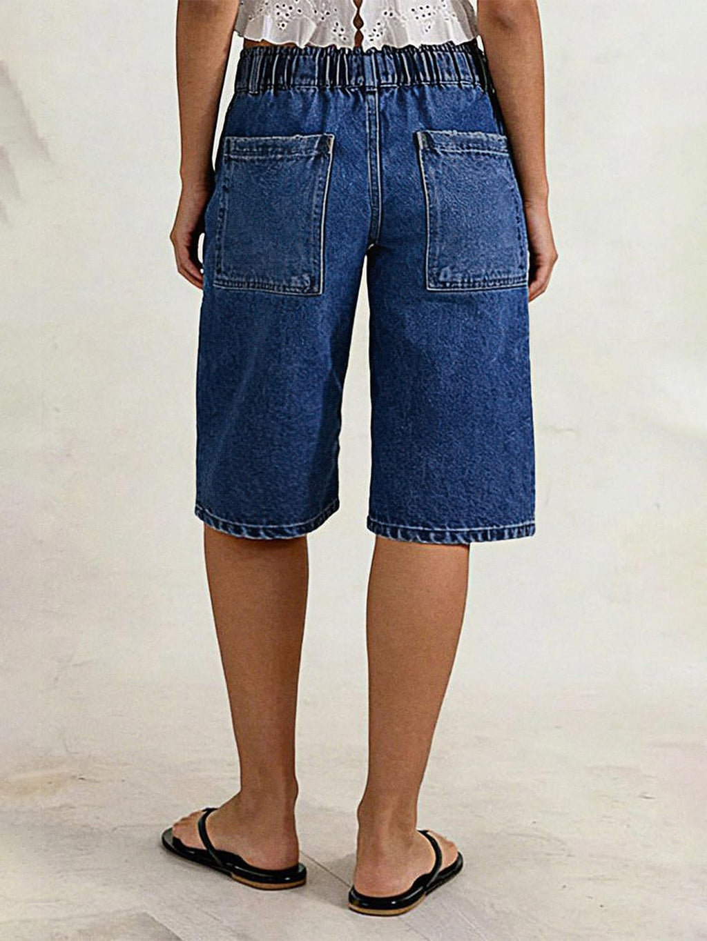 Flamingals Straight Leg High Rise Denim Bermuda Shorts | Elastic Trendy Jean Shorts with Patch Pockets, Bermuda Shorts for Women, High Waist, Denim Fabric