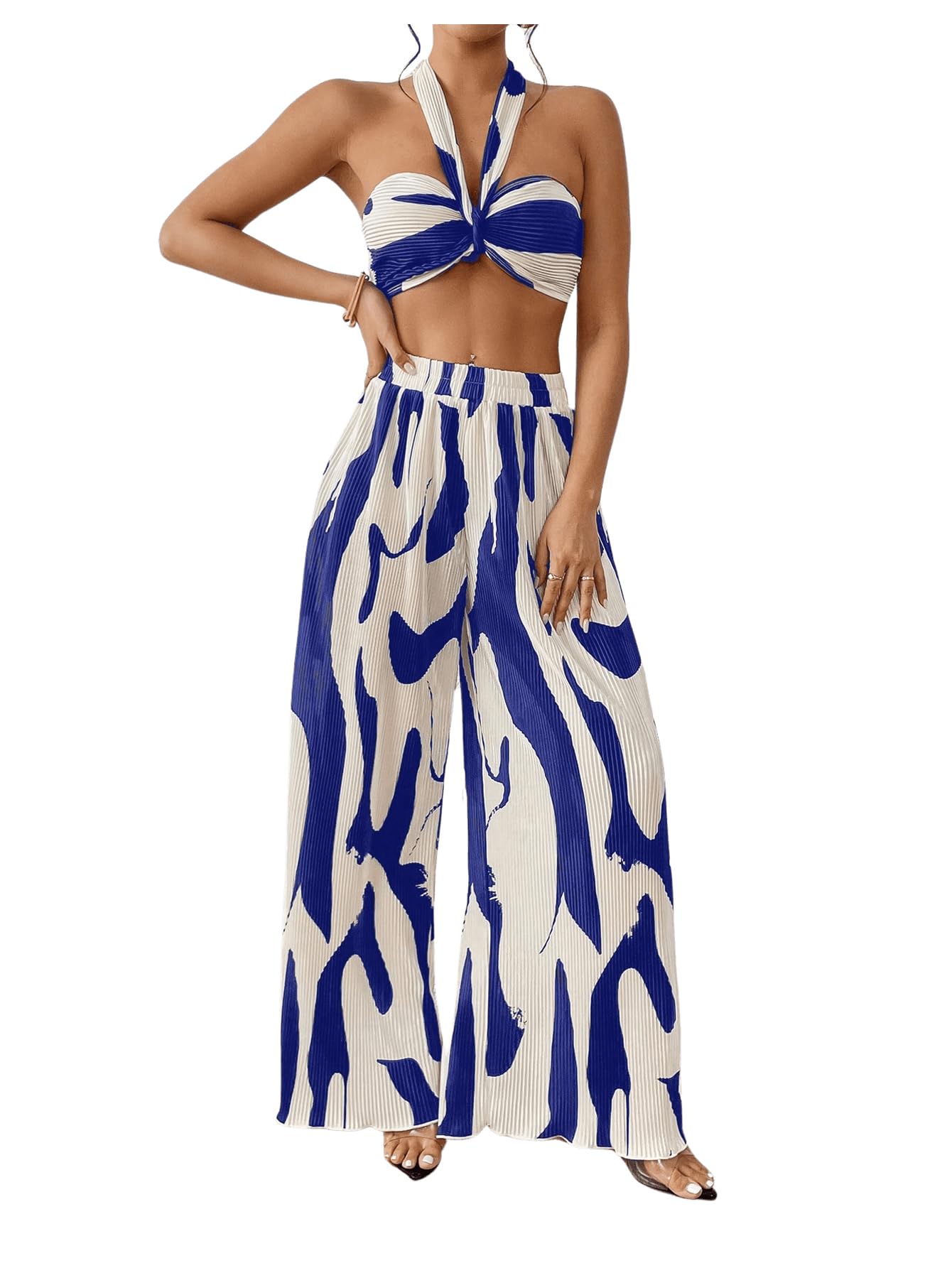 OYOANGLE Women's 2 Piece Graphic Halter Top Wide Leg Pants Vacation Outfits | Knitted, Sleeveless, Crop, High Waist, Beach Club, Summer Sets, Sexy Resort Wear