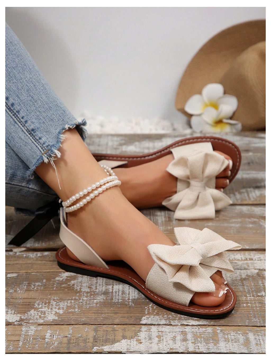 GORGLITTER Women's Bow Pearl Open Toe Ankle Strap Sandals Slippers Shoes | Sandals with Bow,Sandals Women Comfortable, Dressy Sandals Women, Y2k Dress Sandals for Women