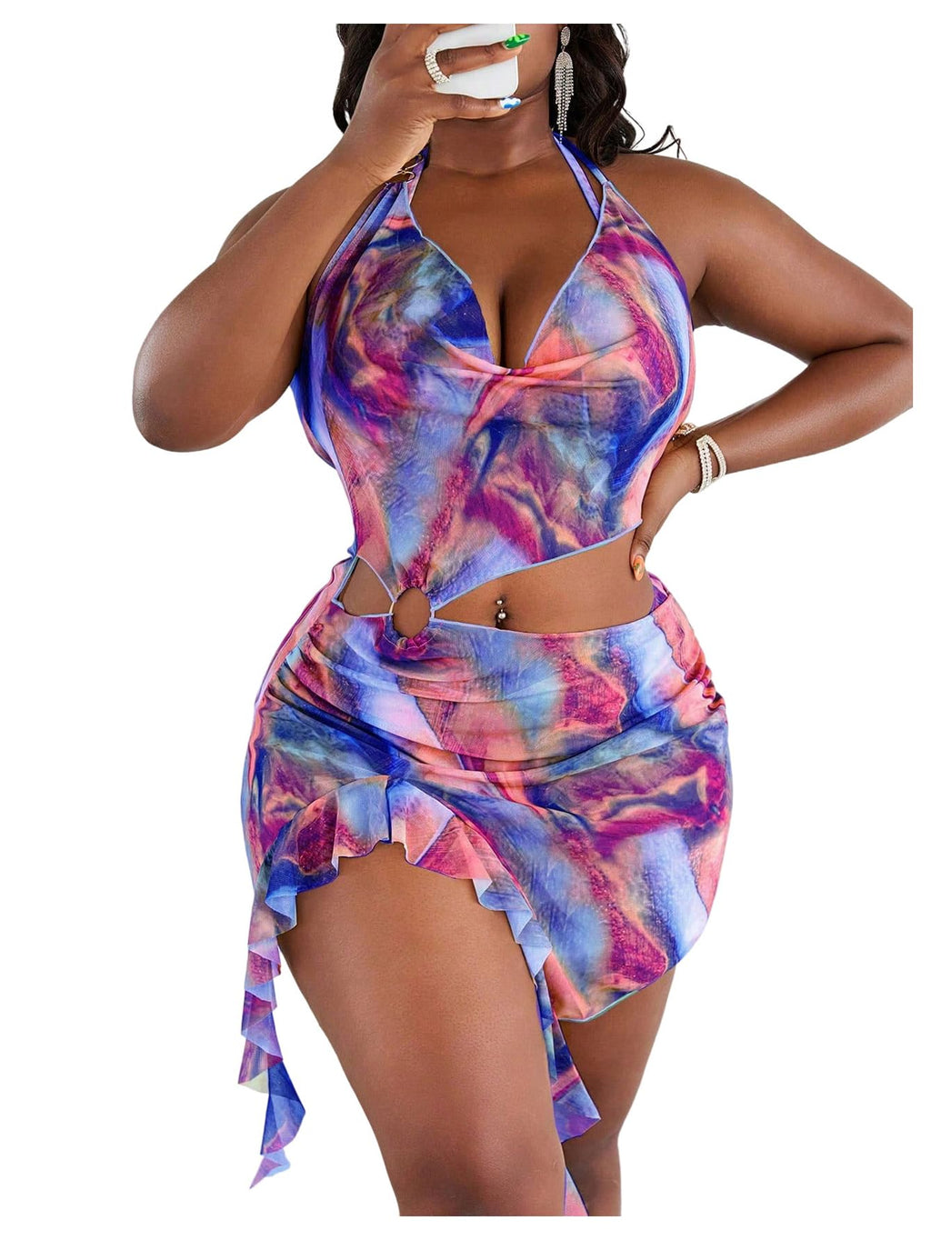 SHENHE Women's Plus Size 3 Piece Swimsuits Triangle High Cut Bikini Set with Cover Up Ruffle Dress