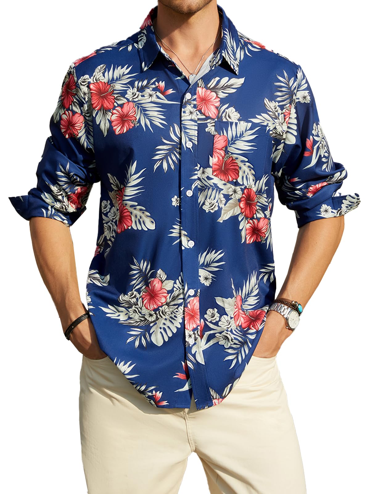 Hardaddy Men's Tropical Floral Button Down Long Sleeve Hawaiian Shirt Flower Printed Beach Shirts