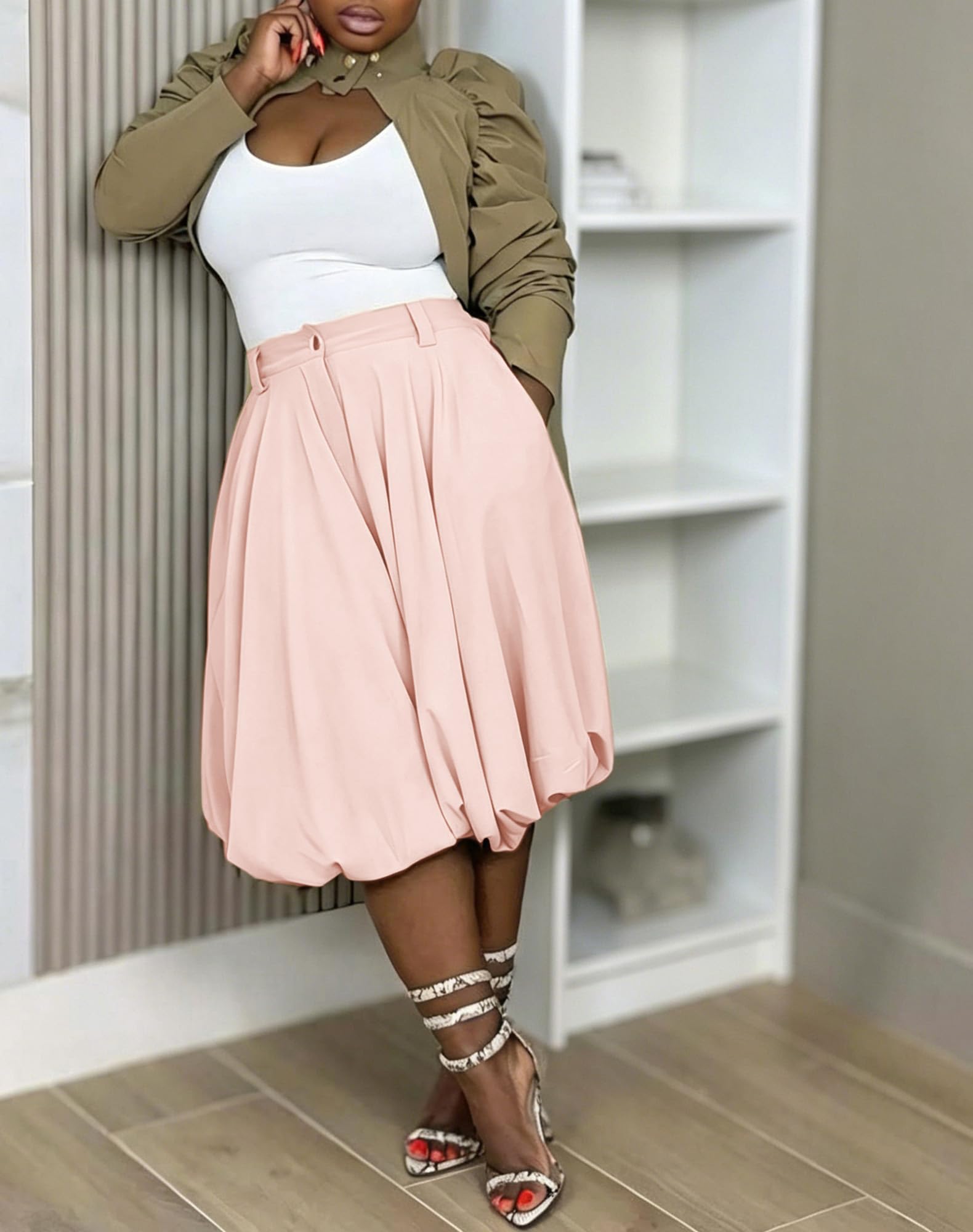Women's Wide Leg Capri Pants Baggy Pleated Cropped Bubble Pants | High Waisted,with Pockets,Casual,Soft and Lightweight,Skirt Pants,Lantern Balloon Pants
