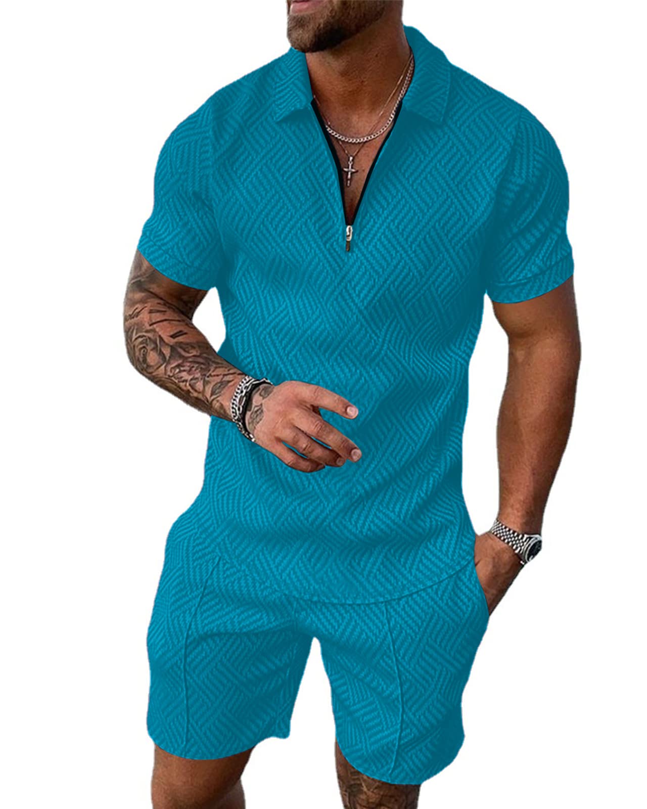 Aulemen Mens 2 Piece Zip Tracksuit Short Sleeve Set Summer Outfits for Men | Polo Shirt and Shorts Sets Activewear Short Set
