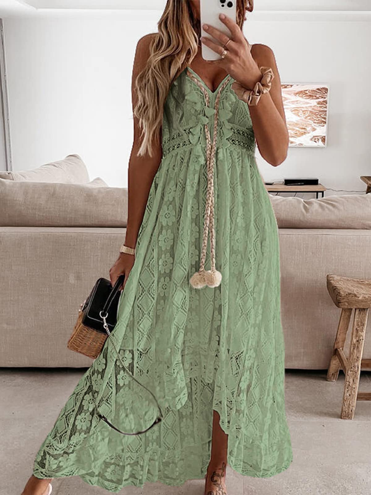 CUPSHE Womens Lace Summer Maxi Dresses 2026 Beach Wear | V Neck Spaghetti Straps Sundress, Tassel, Boho Pom Poms, Flowy Vacation Outfits, Resort Wear, Graduation Wedding Guest Looks