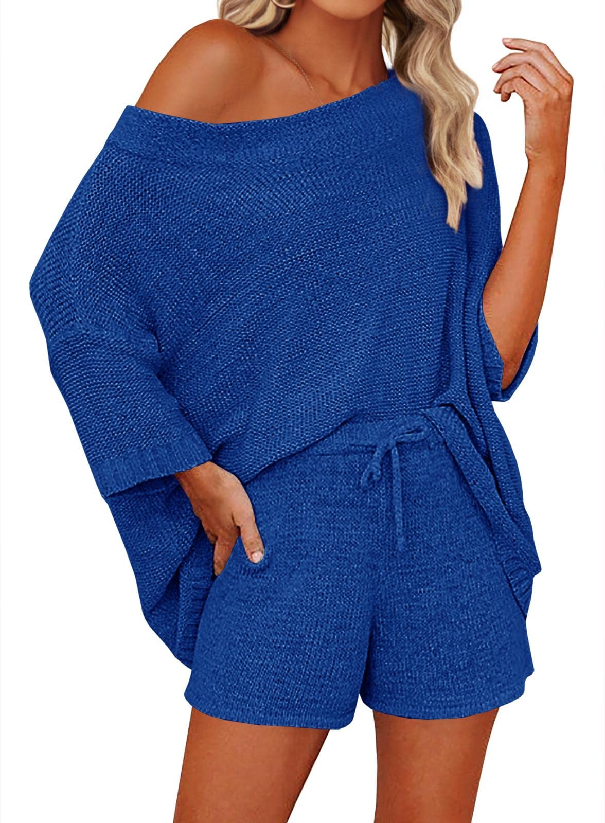 Mafulus Women's 2 Piece Outfits Sweater Sets Off Shoulder Knit Top Shorts Matching Suits Cute Pajama Lounge Set