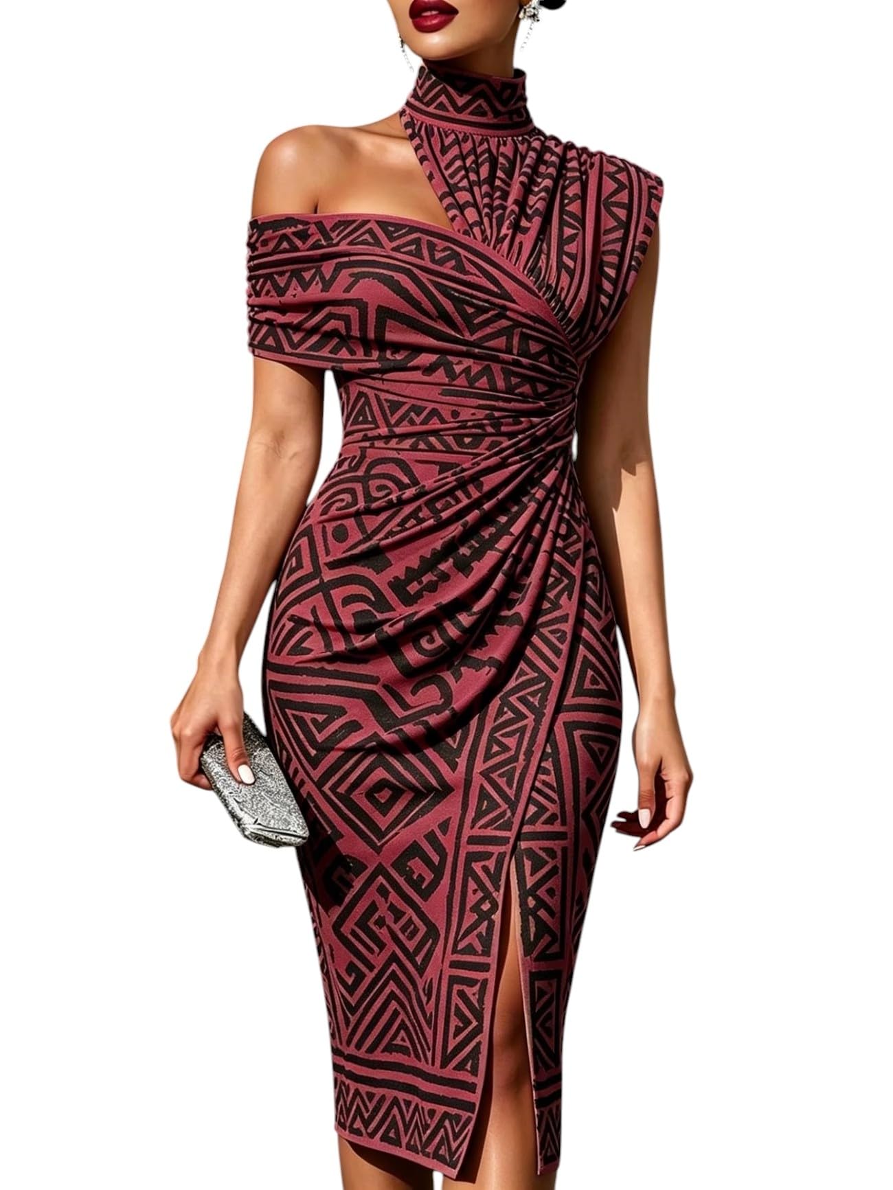 Women's One Shoulder Bodycon Midi Dress Geometric Pattern Print High Neck Slit Ruched Reunion and Vacation Casual Wear Dress