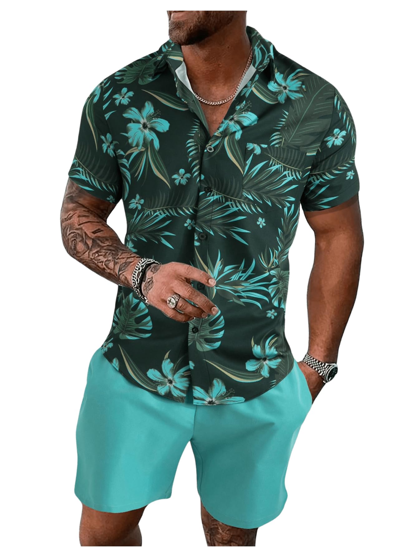 WDIRARA Men's Summer Button Front Two Piece Short Set Beach Wear Outfits