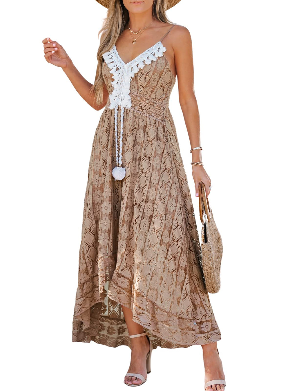 CUPSHE Womens Lace Summer Maxi Dresses 2026 Beach Wear | V Neck Spaghetti Straps Sundress, Tassel, Boho Pom Poms, Flowy Vacation Outfits, Resort Wear, Graduation Wedding Guest Looks