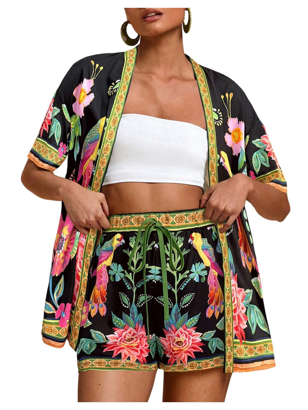 MakeMeChic Women's Two Piece Sets Summer Tropical Vacation Outfits Boho Floral Kimono Tops Shorts Set