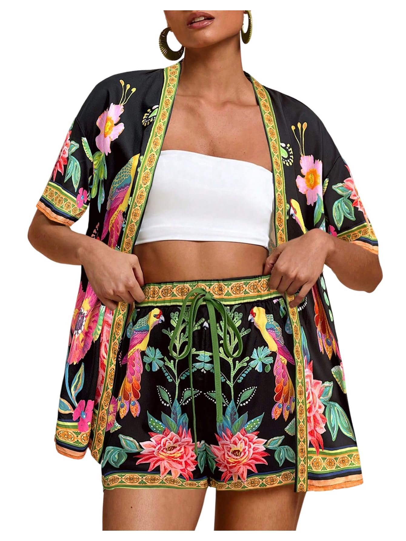 MakeMeChic Women's Two Piece Sets Summer Tropical Vacation Outfits Boho Floral Kimono Tops Shorts Set