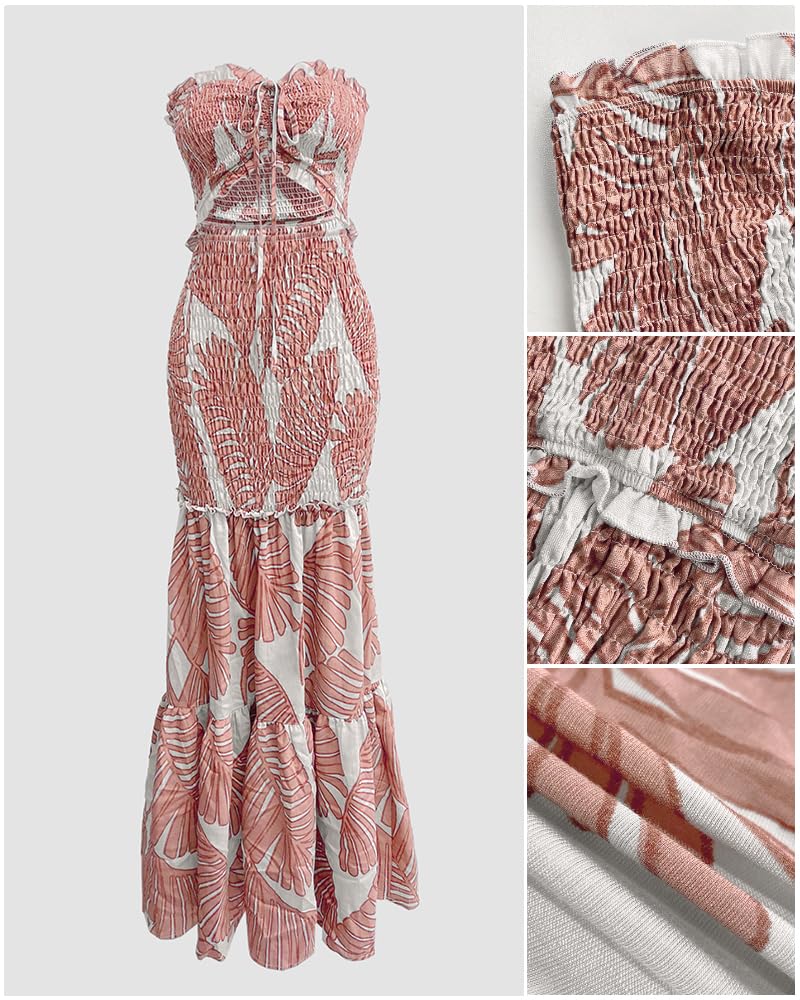 CHICME Floral Vacation Dress Halter Tie Ruched Womens Maxi Dress | Sleeveless Slim Dress, 3-Way Tie: Halter, Bow or Strapless,Ruffle Mermaid Hem for Party,Vacation,Wedding Guest