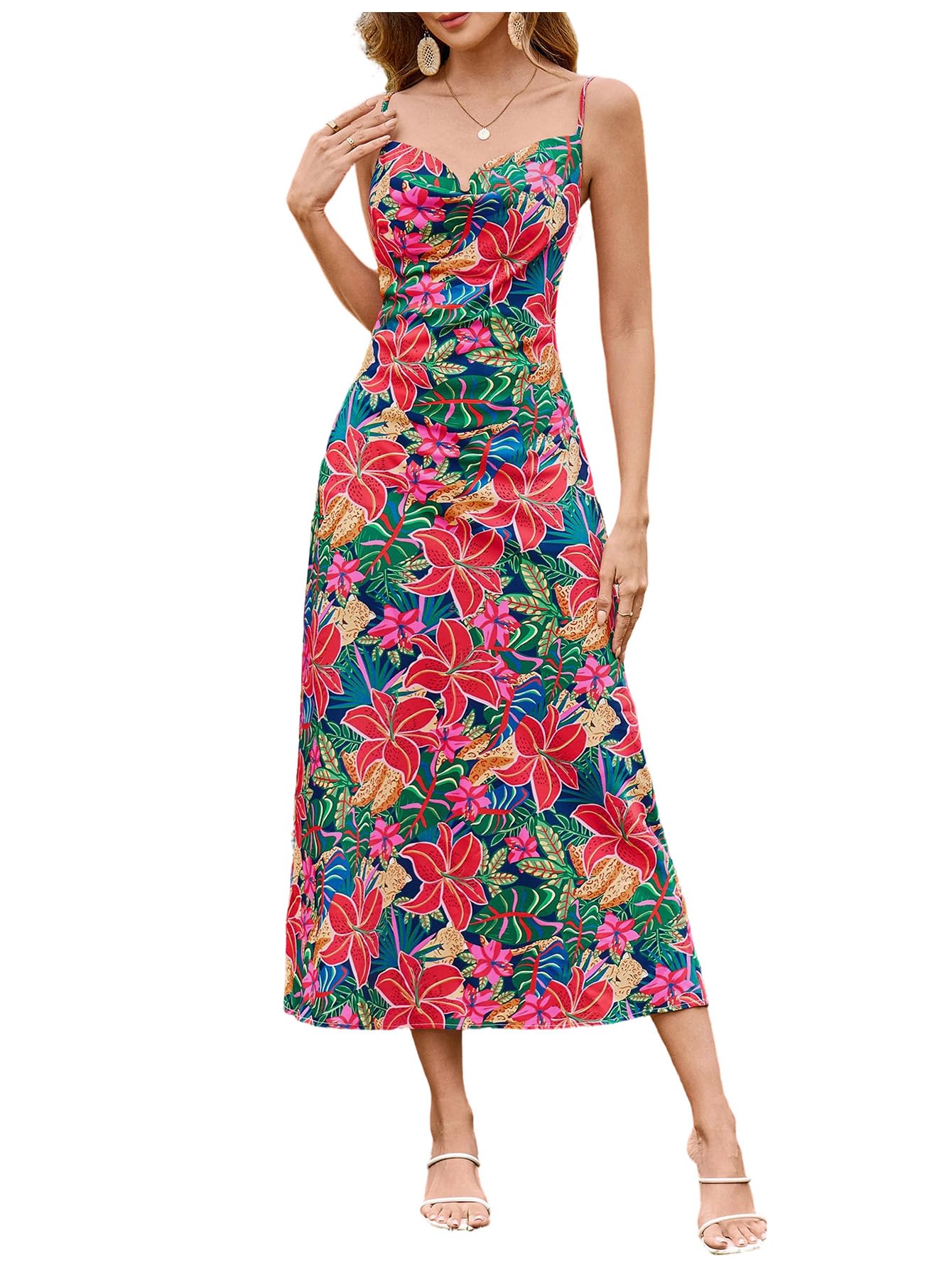 Floerns Women's Leopard Print Draped Collar Spaghetti Strap Cami Long Dress | Cheetah, Animal Print, Cowl Neck, Draped, Western, Concert, Going Out, Corset Maxi Dresses