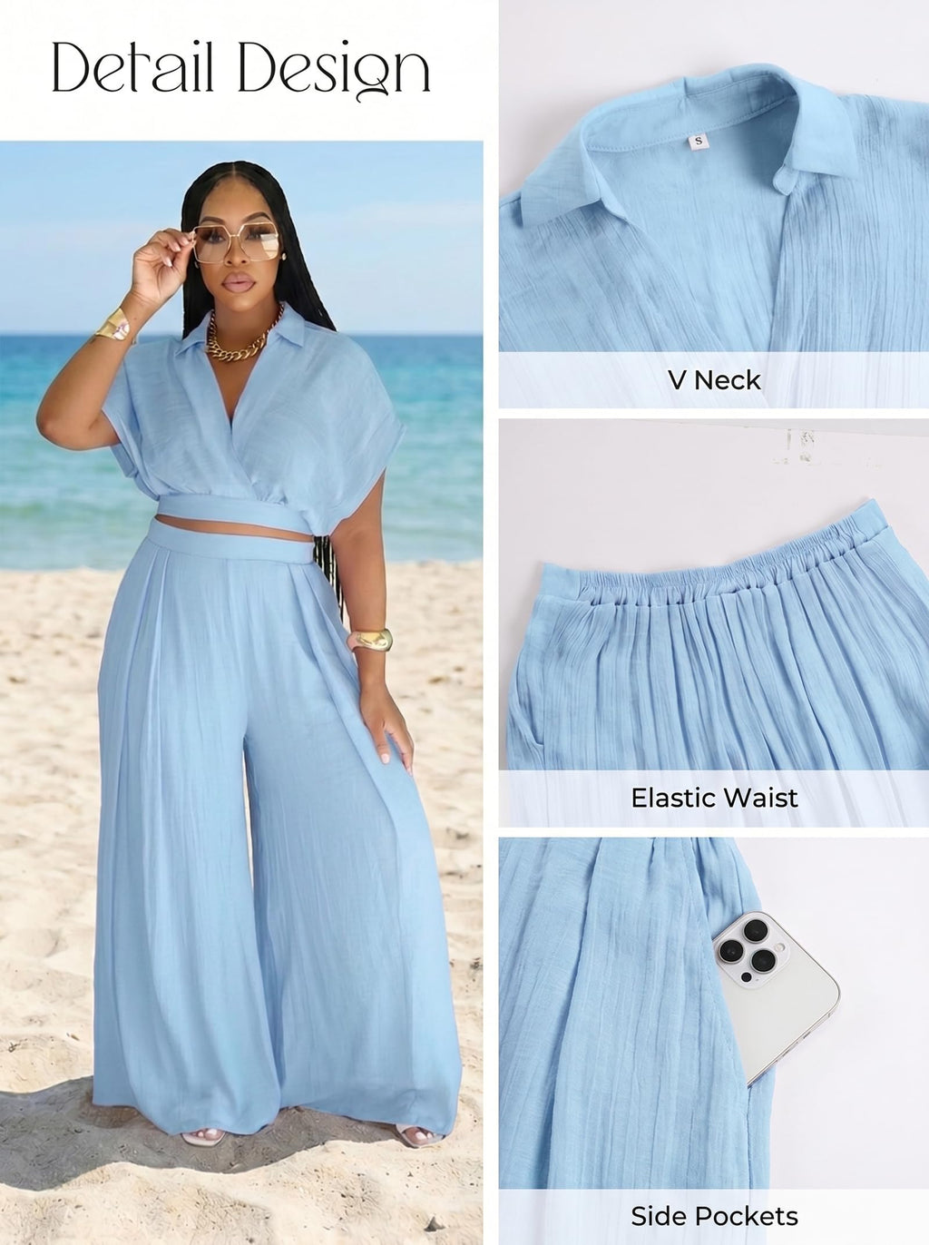Ekaliy Women Two Piece Crop Top Flowy Wide Leg Pants Set Summer Outfits | Lightweight breathable fabric,batwing V-neck crop top,elastic waist wide leg lined pants with pockets for casual wear.