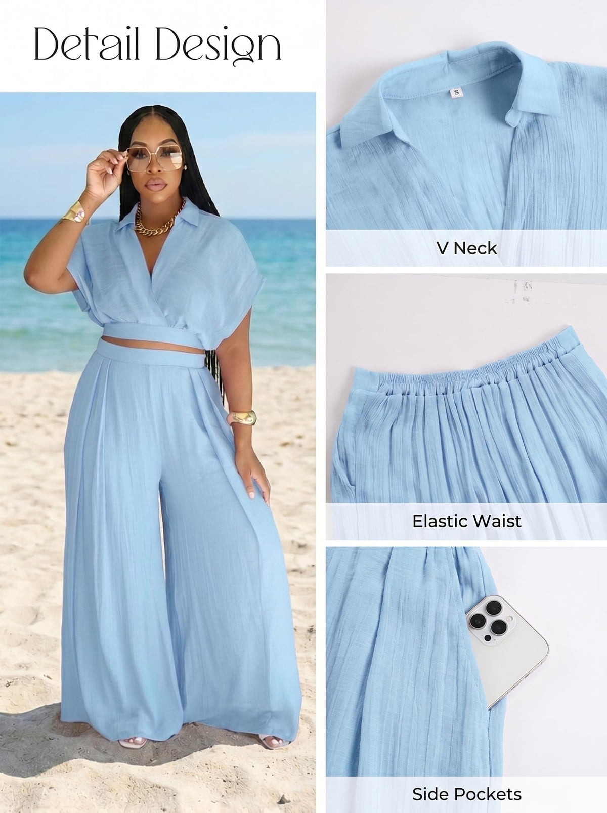 Ekaliy Women Two Piece Crop Top Flowy Wide Leg Pants Set Summer Outfits | Lightweight breathable fabric,batwing V-neck crop top,elastic waist wide leg lined pants with pockets for casual wear.