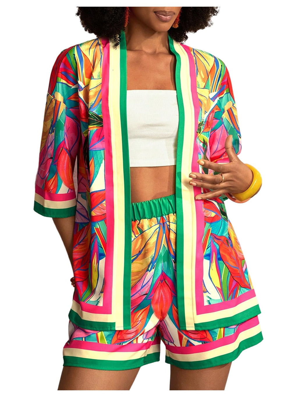 MakeMeChic Women's Two Piece Sets Summer Tropical Vacation Outfits Boho Floral Kimono Tops Shorts Set