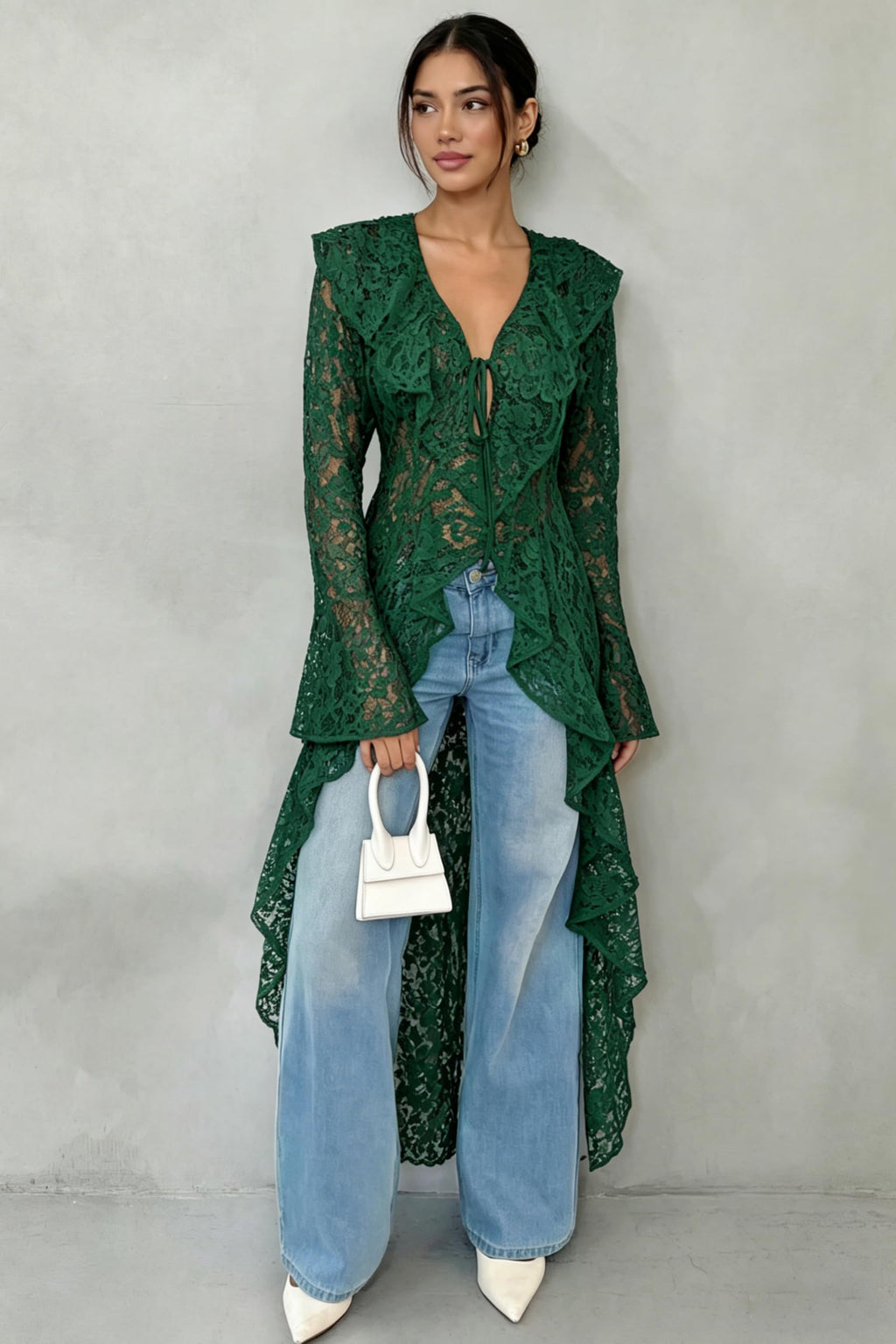 Lace Cardigan for Women Maxi Summer Lightweight Open Front Tie Bell Long Sleeve Ruffled Tops Duster Swimsuit Cover Up