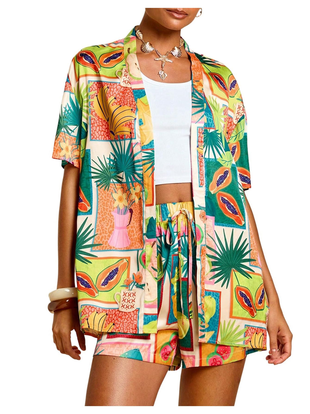 MakeMeChic Women's Two Piece Sets Summer Tropical Vacation Outfits Boho Floral Kimono Tops Shorts Set