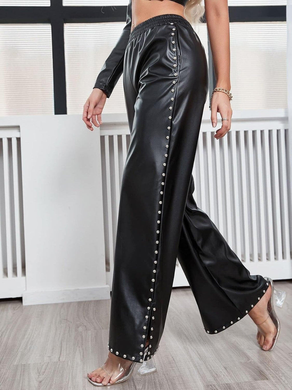 Women's Wide Leg Faux Leather Pants Rivets Pearls Elastic Waist Beggy Trousers with Pockets