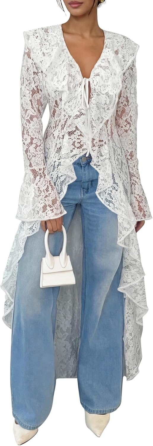 Lace Cardigan for Women Maxi Summer Lightweight Open Front Tie Bell Long Sleeve Ruffled Tops Duster Swimsuit Cover Up