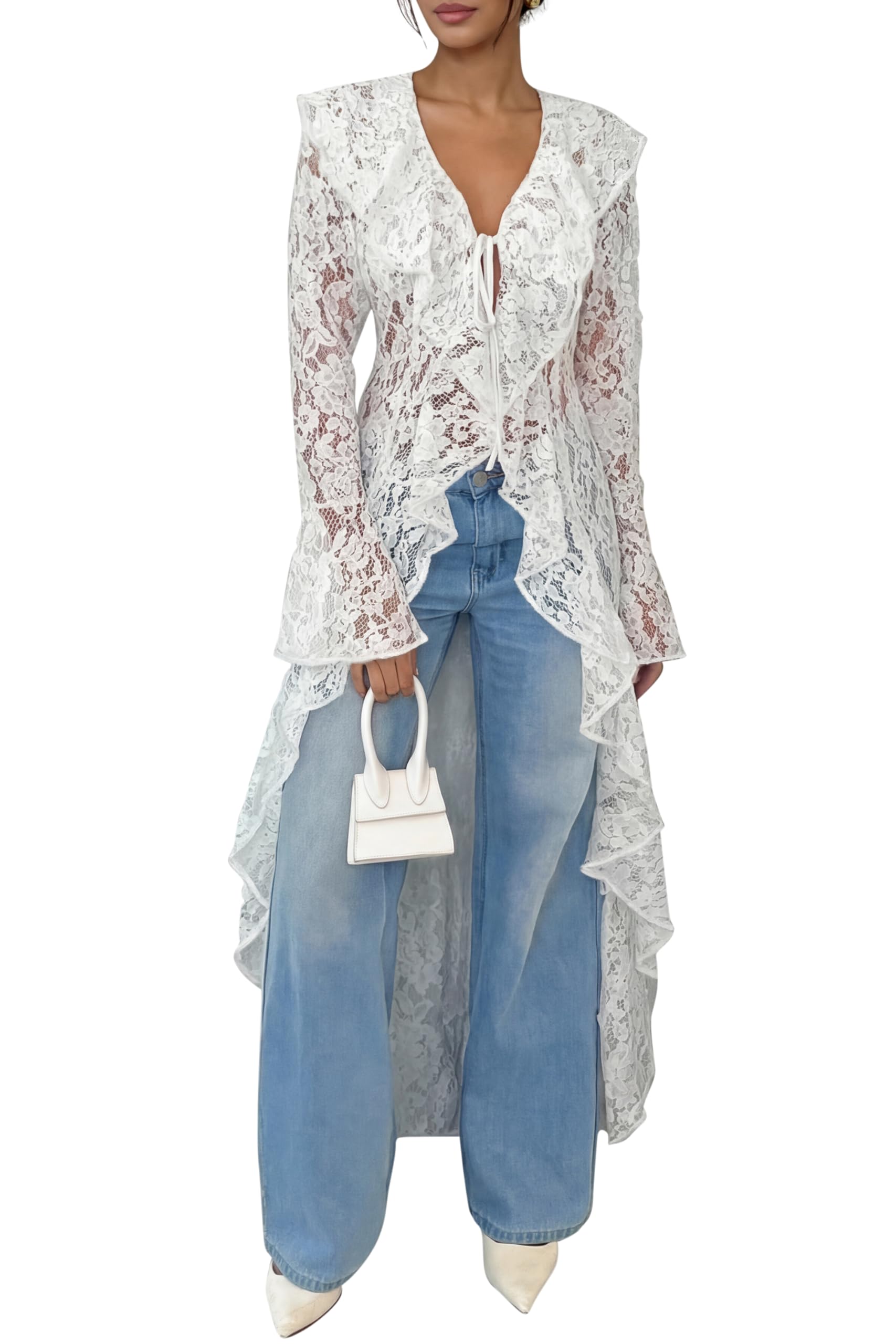 Lace Cardigan for Women Maxi Summer Lightweight Open Front Tie Bell Long Sleeve Ruffled Tops Duster Swimsuit Cover Up