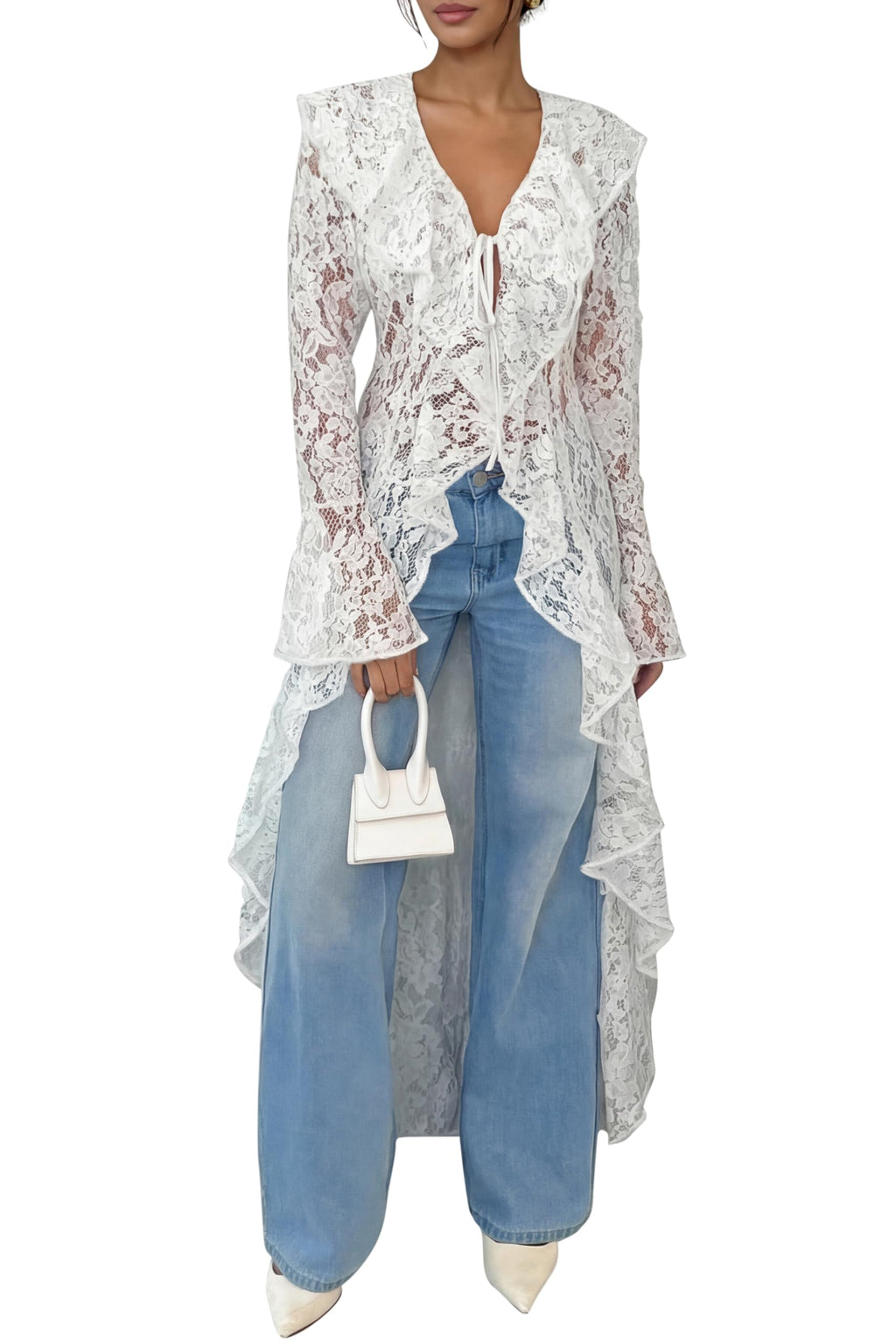 Lace Cardigan for Women Maxi Summer Lightweight Open Front Tie Bell Long Sleeve Ruffled Tops Duster Swimsuit Cover Up