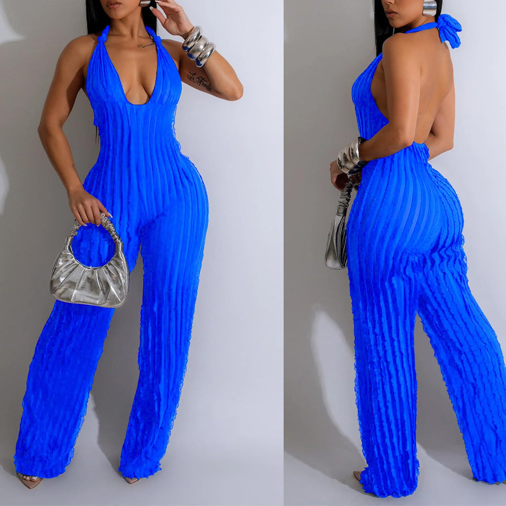 YBSKG Summer Halter Backless Jumpsuits for Women One Piece Wide Long Pants | Sexy See Through V Neck Tie Pleated One Piece Wide Leg Long Pants Romper